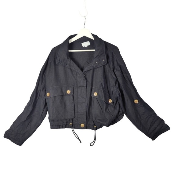 EVERY Linen Blend Cropped Jacket Drawstring Waist Black Womens SZ M Resort Beach - Picture 1 of 7